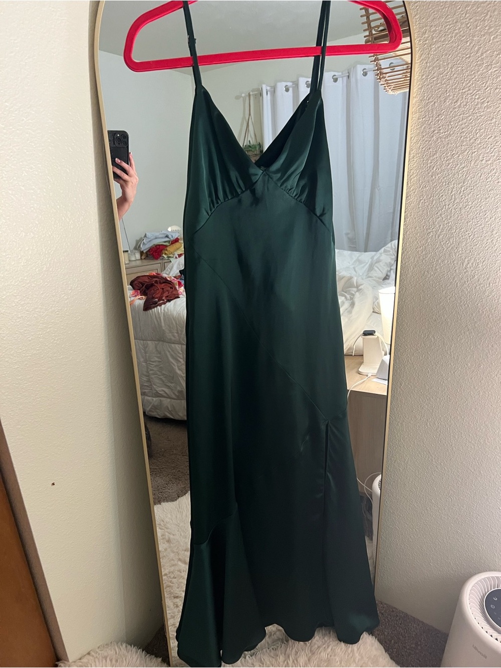 DRESS FORUM Emerald Green Satin Midi Slip Dress with High Slit - Picture 4 of 9